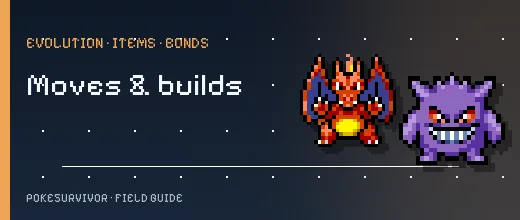 Charizard and Gengar pixel sprites from PokeSurvivor beside the moves and builds guide category.