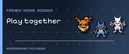 Eevee, Lucario and Mewtwo pixel sprites from PokeSurvivor beside the co-op guide category.