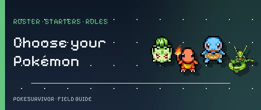 Bulbasaur, Charmander, Squirtle and Rayquaza pixel sprites from PokeSurvivor for the Pokémon guide category.