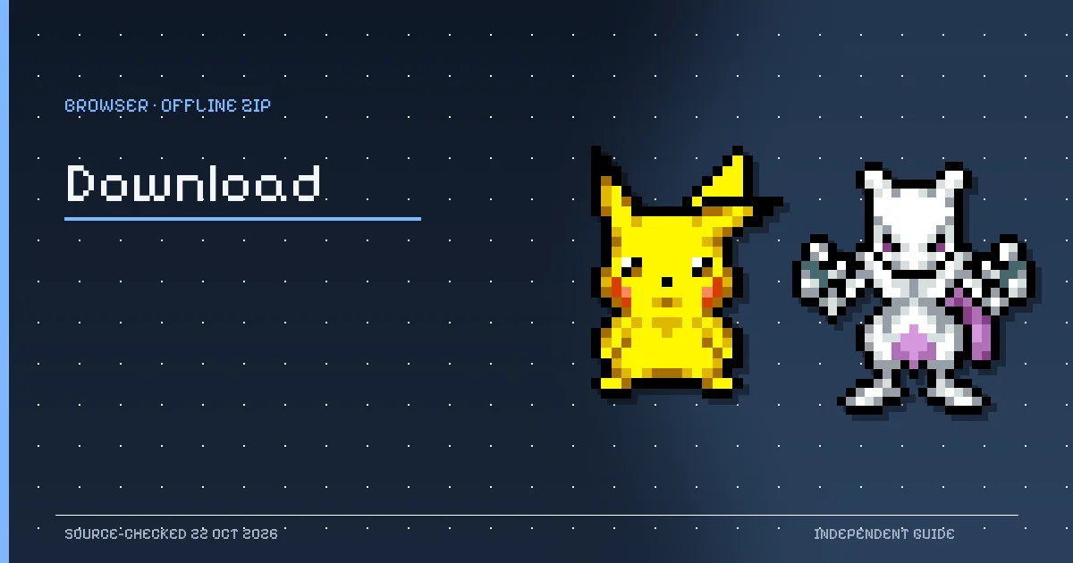 Pikachu and Mewtwo pixel sprites from PokeSurvivor illustrating browser and offline download options.
