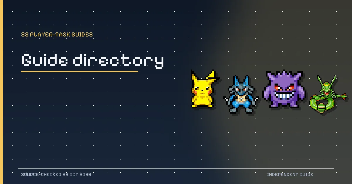 Pikachu, Lucario, Gengar and Rayquaza pixel sprites from PokeSurvivor illustrating the guide directory.