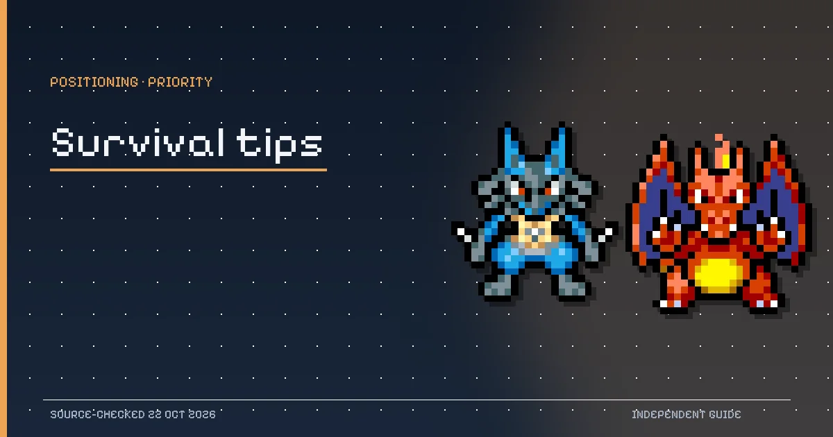 Lucario and Charizard pixel sprites from PokeSurvivor illustrating movement and target-priority survival tips.